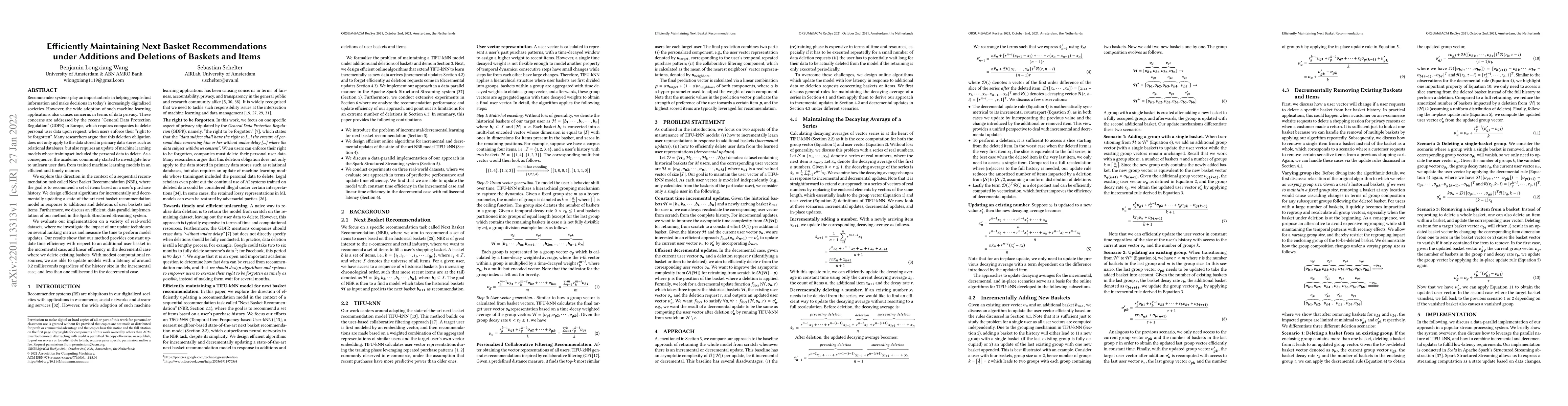 Thumbnail for Efficiently Maintaining Next Basket Recommendations under Additions and
  Deletions of Baskets and Items