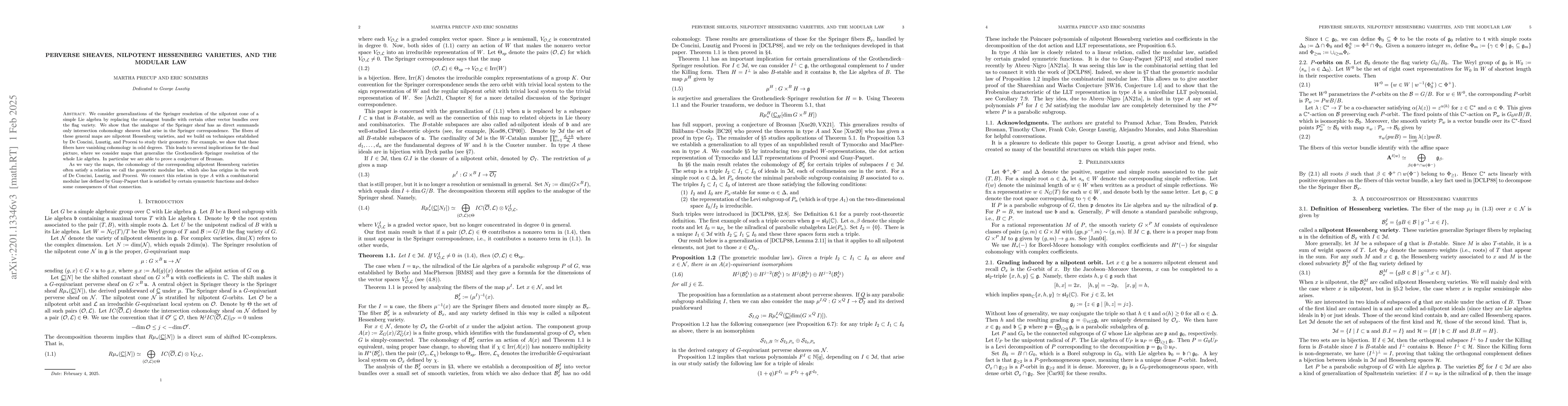 Thumbnail for Perverse sheaves, nilpotent Hessenberg varieties, and the modular law