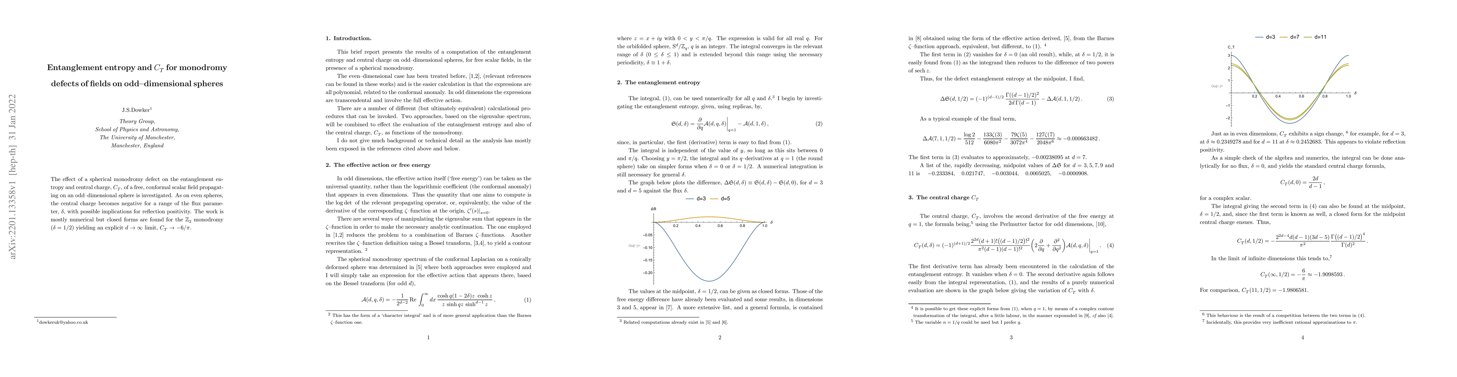 Thumbnail for Entanglement entropy and $C_T$ for monodromy defects of fields on
  odd-dimensional spheres