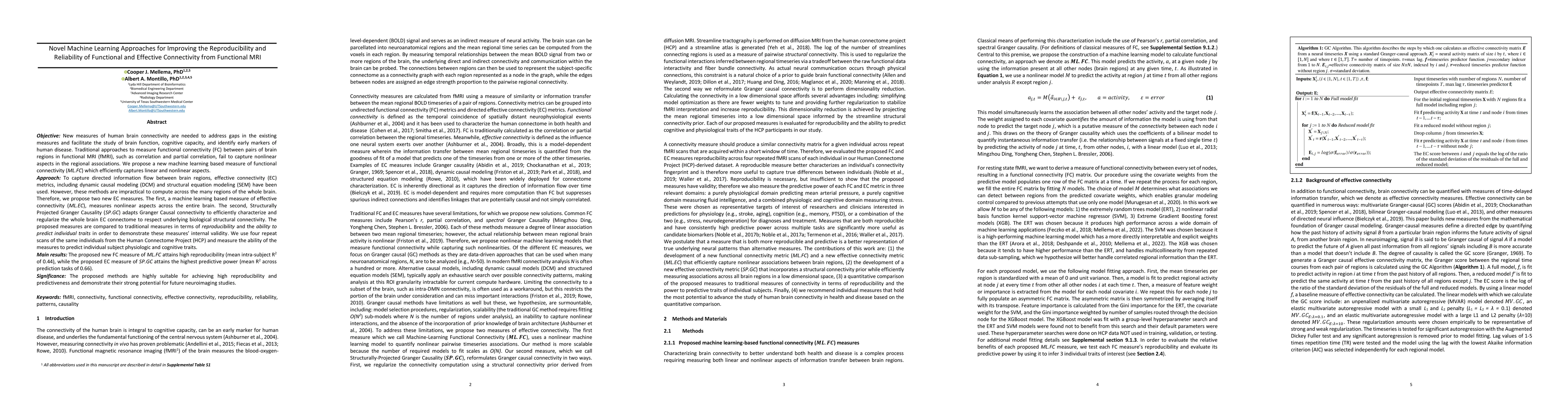 Thumbnail for Novel Machine Learning Approaches for Improving the Reproducibility and
  Reliability of Functional and Effective Connectivity from Functional MRI