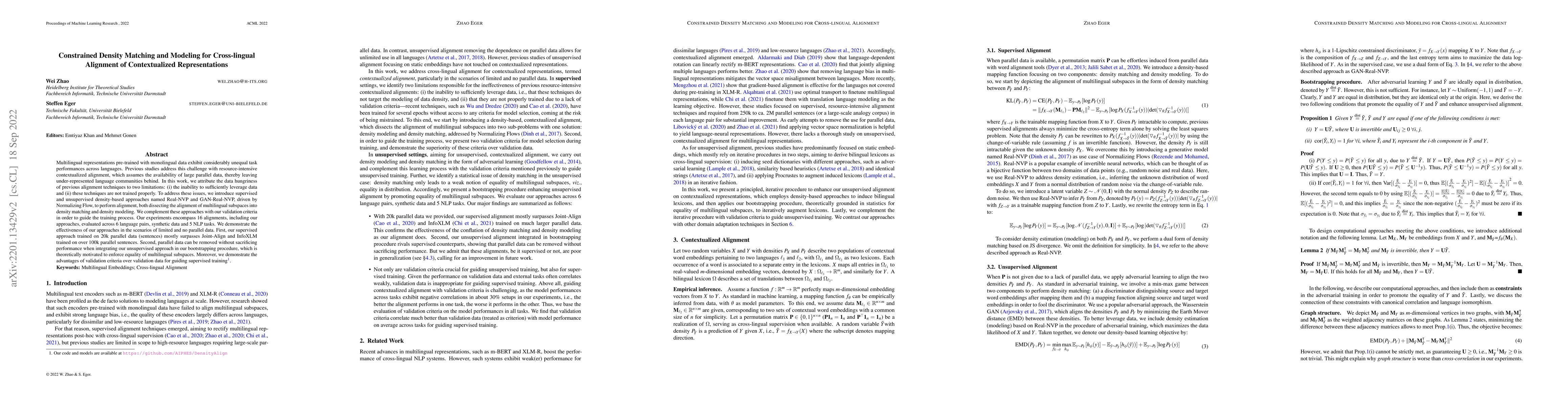 Thumbnail for Constrained Density Matching and Modeling for Cross-lingual Alignment of
  Contextualized Representations