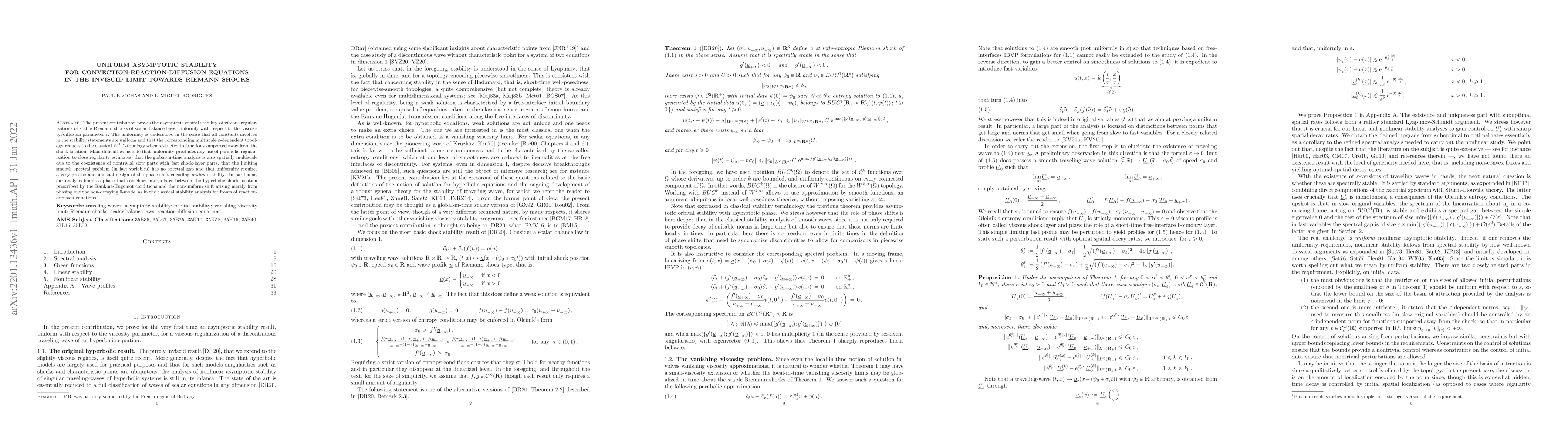 Thumbnail for Uniform asymptotic stability for convection-reaction-diffusion equations
  in the inviscid limit towards Riemann shocks