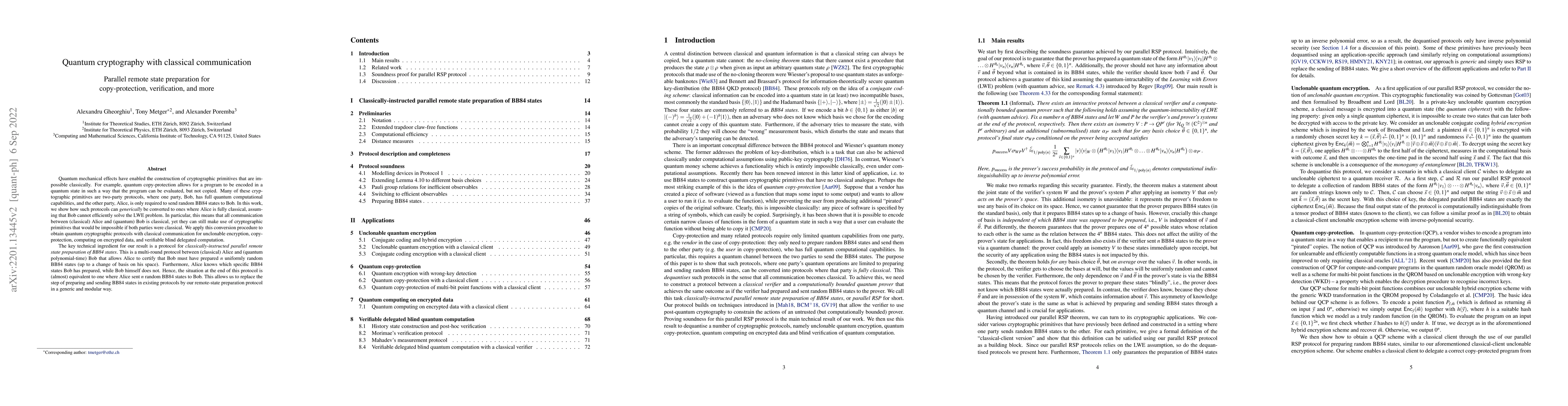 Thumbnail for Quantum cryptography with classical communication: parallel remote state
  preparation for copy-protection, verification, and more