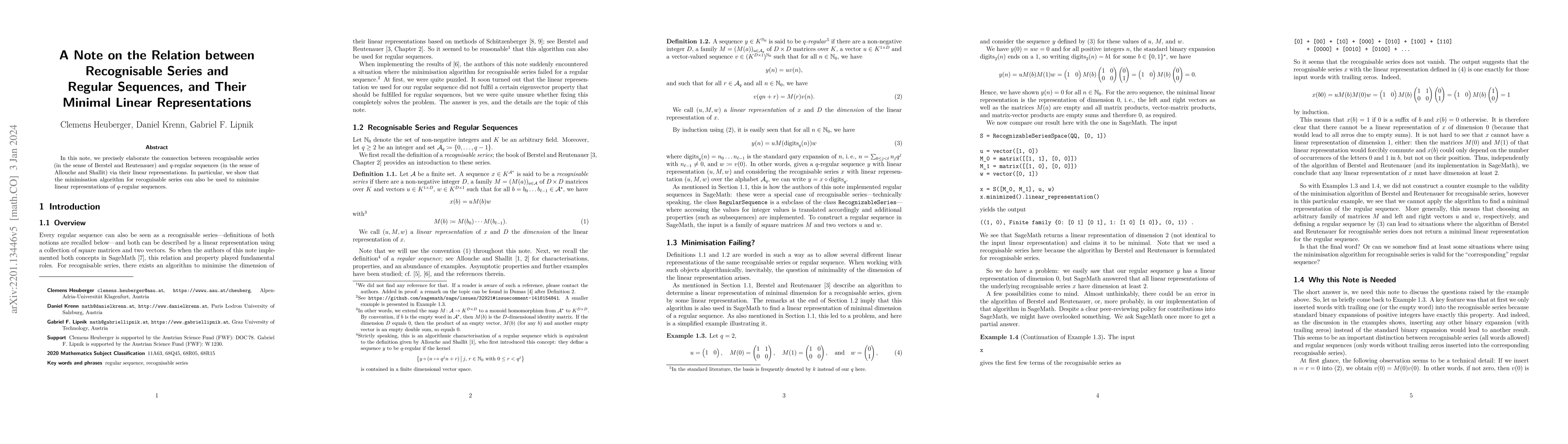 Thumbnail for A Note on the Relation between Recognisable Series and Regular
  Sequences, and their Minimal Linear Representations