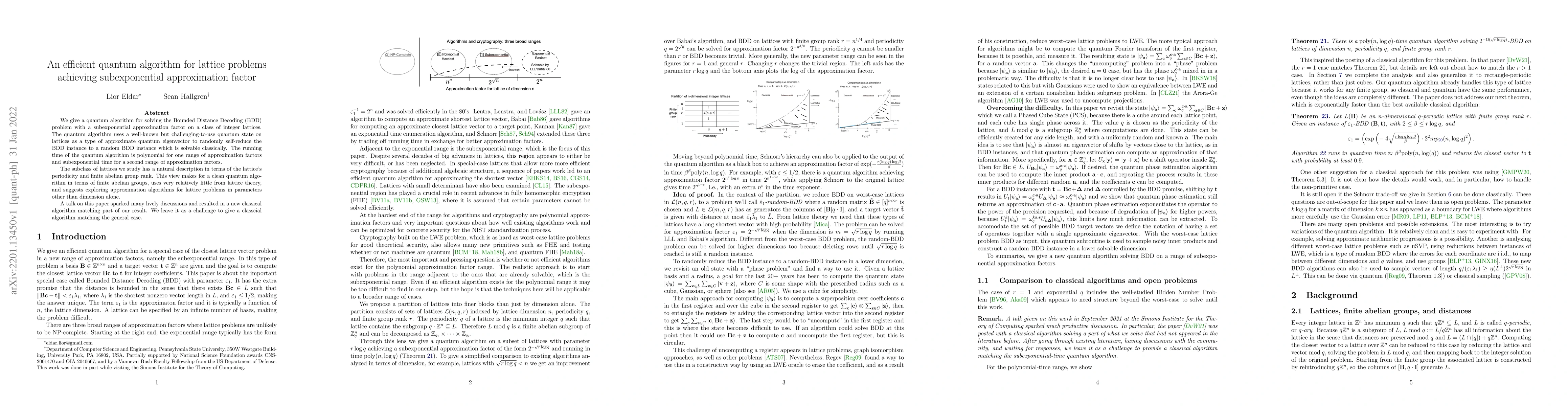 Thumbnail for An efficient quantum algorithm for lattice problems achieving
  subexponential approximation factor