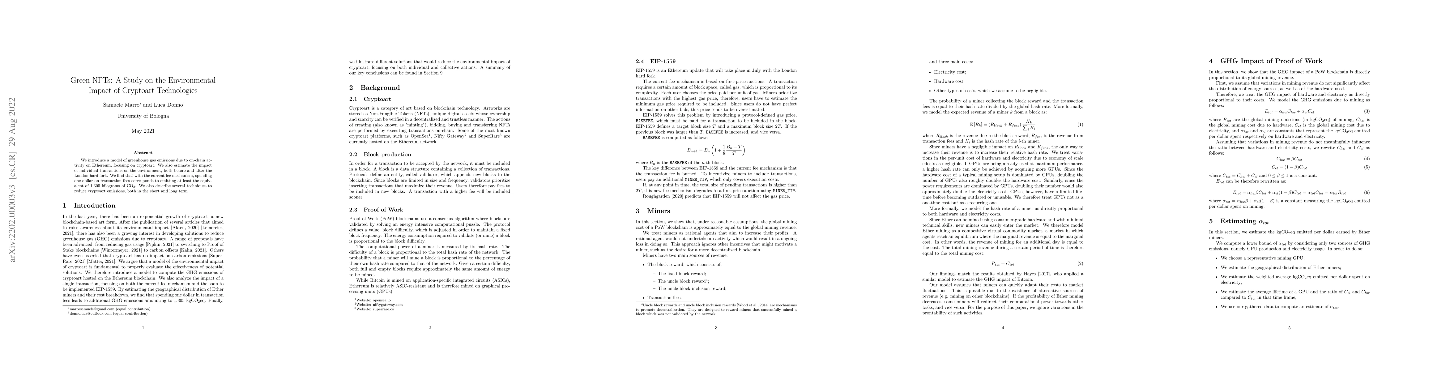 Thumbnail for Green NFTs: A Study on the Environmental Impact of Cryptoart
  Technologies