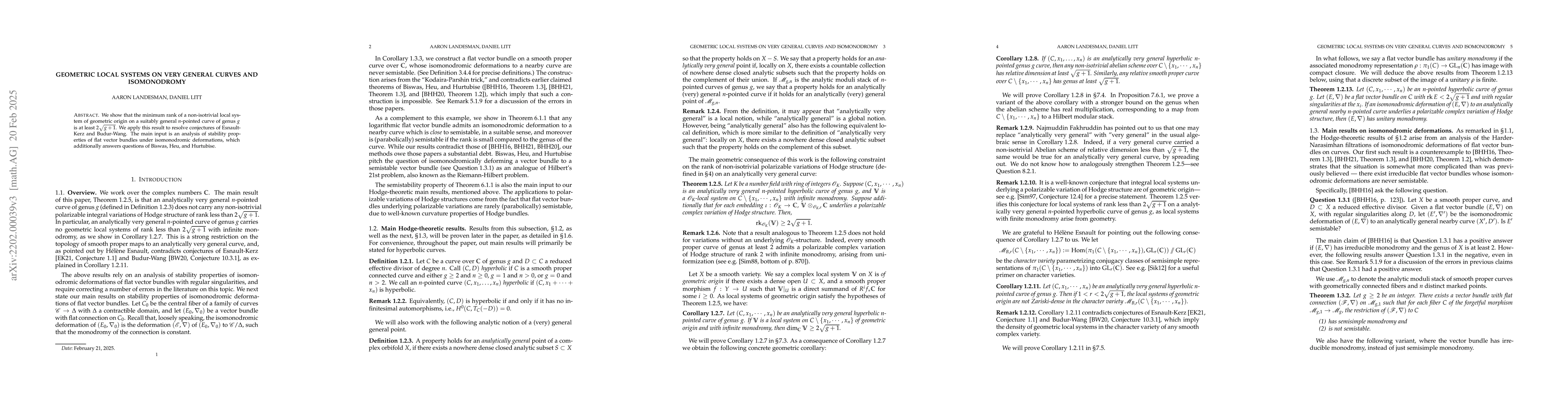 Thumbnail for Geometric local systems on very general curves and isomonodromy