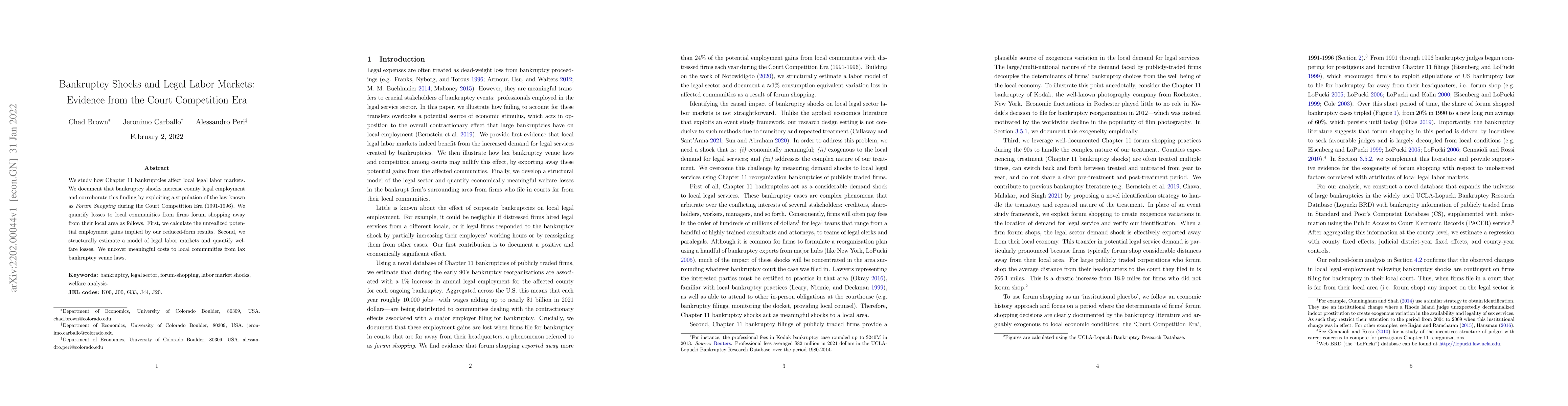 Thumbnail for Bankruptcy Shocks and Legal Labor Markets: Evidence from the Court
  Competition Era