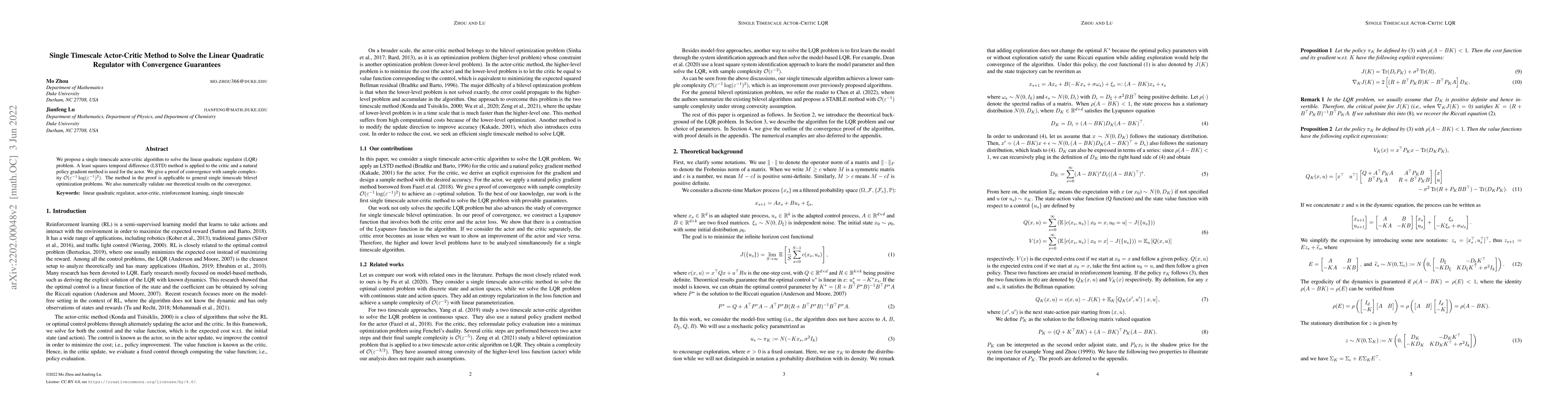 Thumbnail for Single Time-scale Actor-critic Method to Solve the Linear Quadratic
  Regulator with Convergence Guarantees