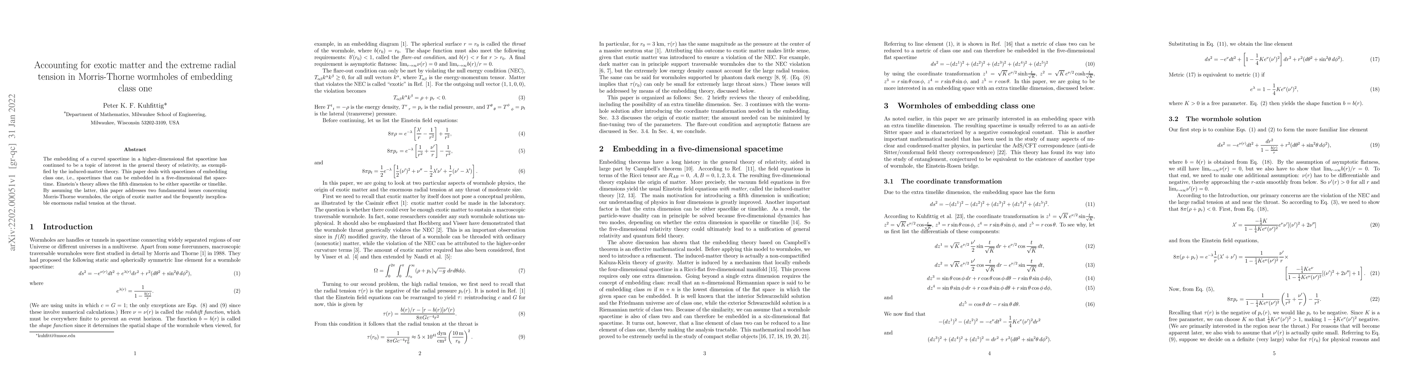 Thumbnail for Accounting for exotic matter and the extreme radial tension in
  Morris-Thorne wormholes of embedding class one