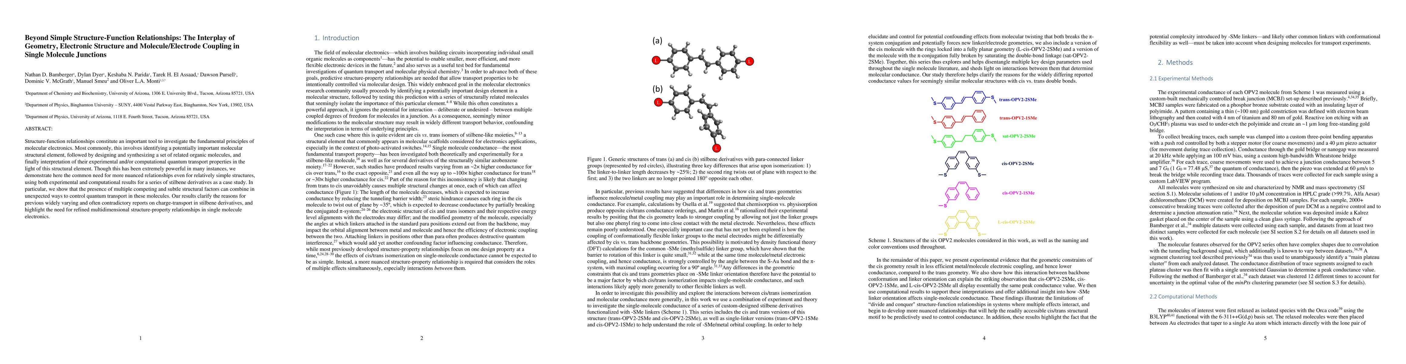 Thumbnail for Beyond Simple Structure-Function Relationships: Interplay Between
  Cis/Trans Isomerization and Geometrically Constrained Metal/Molecule Coupling
  Efficiency in Single-Molecule Junctions