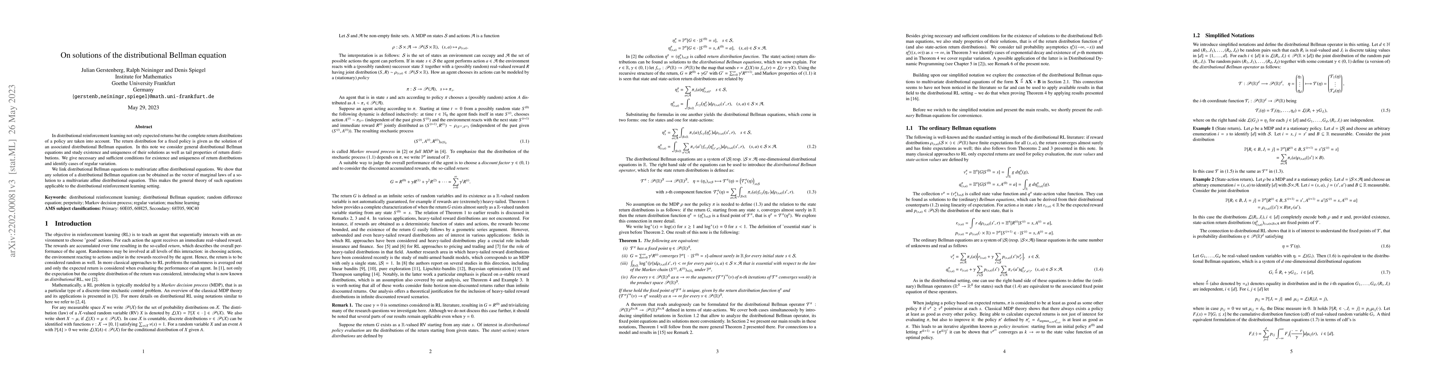 Thumbnail for On solutions of the distributional Bellman equation