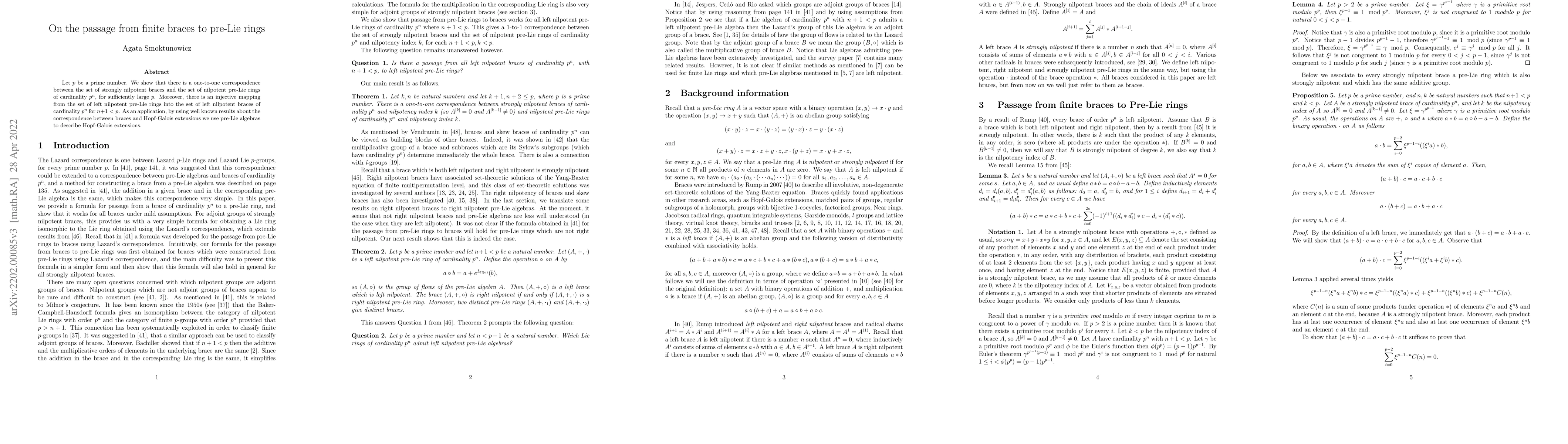Thumbnail for On the passage from finite braces to pre-Lie rings