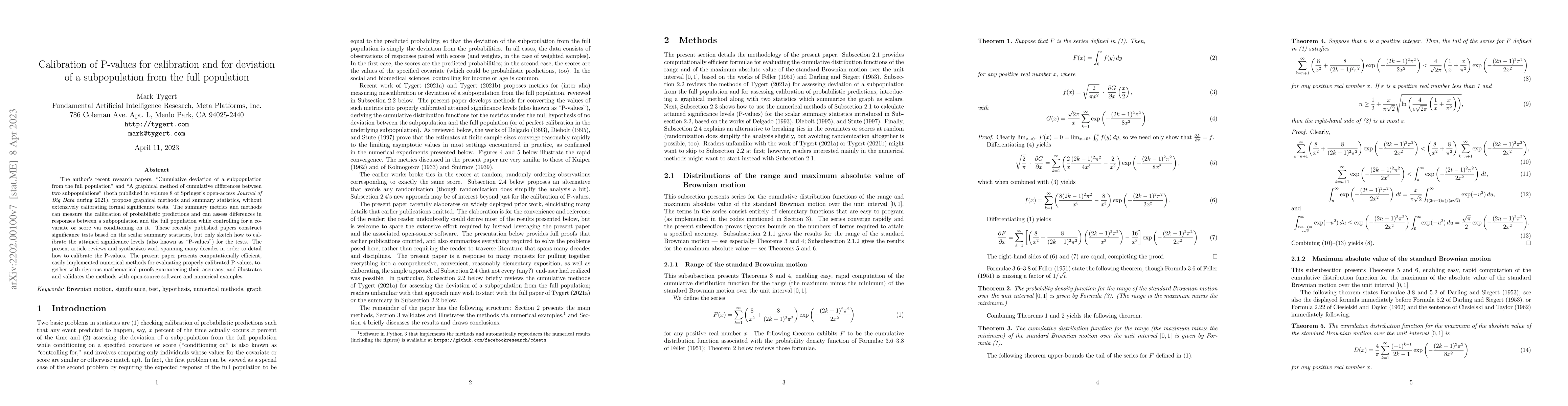 Thumbnail for Calibration of P-values for calibration and for deviation of a
  subpopulation from the full population