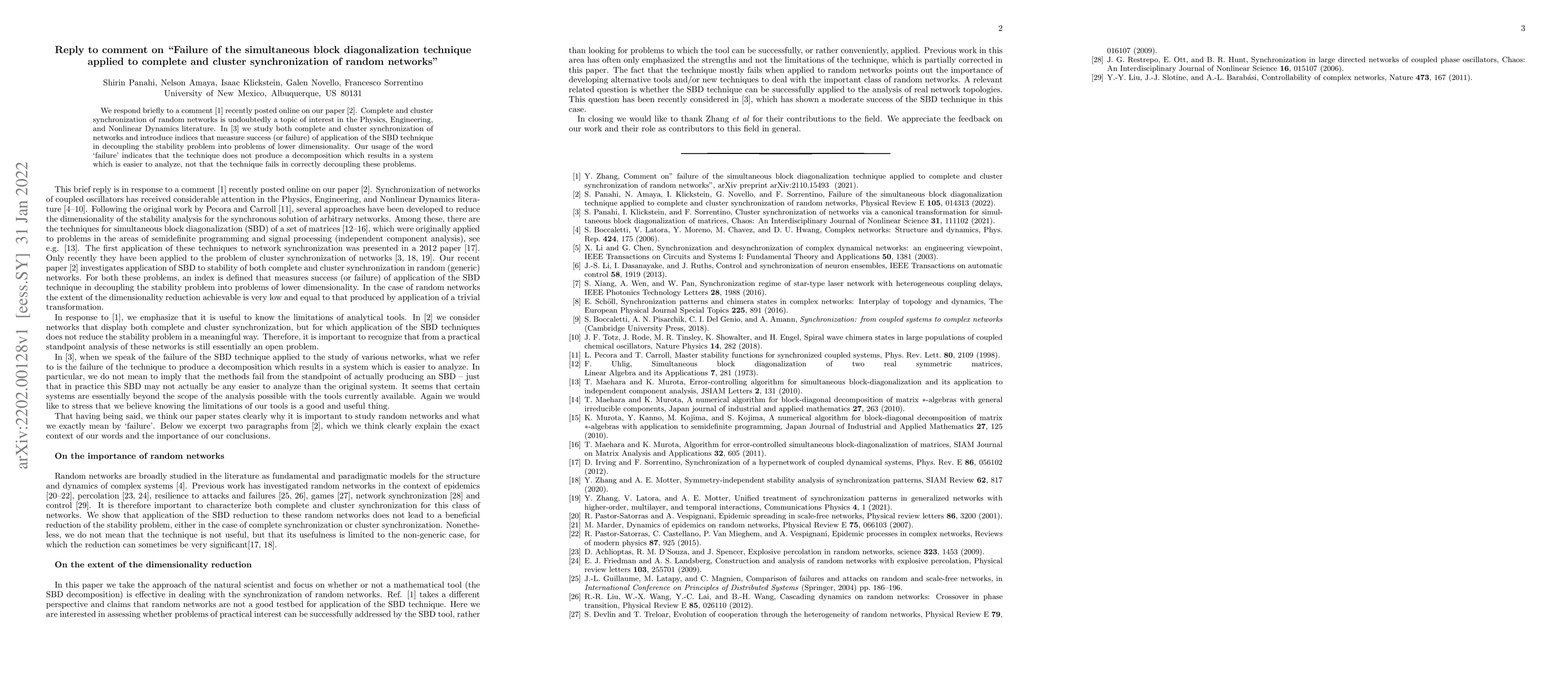Thumbnail for Reply to comment on "Failure of the simultaneous block diagonalization
  technique applied to complete and cluster synchronization of random networks"