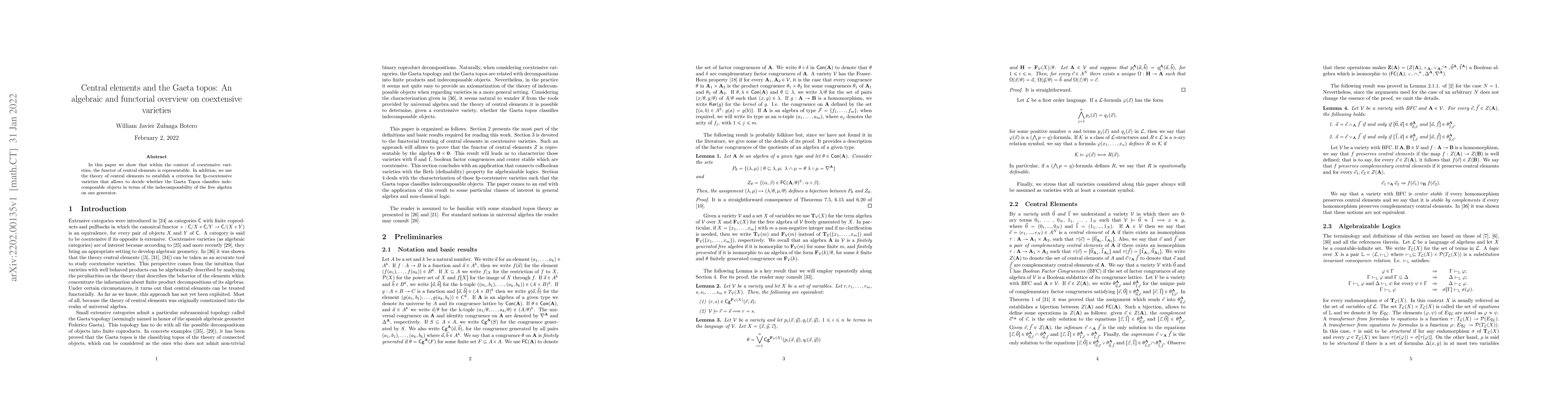Thumbnail for Central elements and the Gaeta topos: An algebraic and functorial
  overview on coextensive varieties