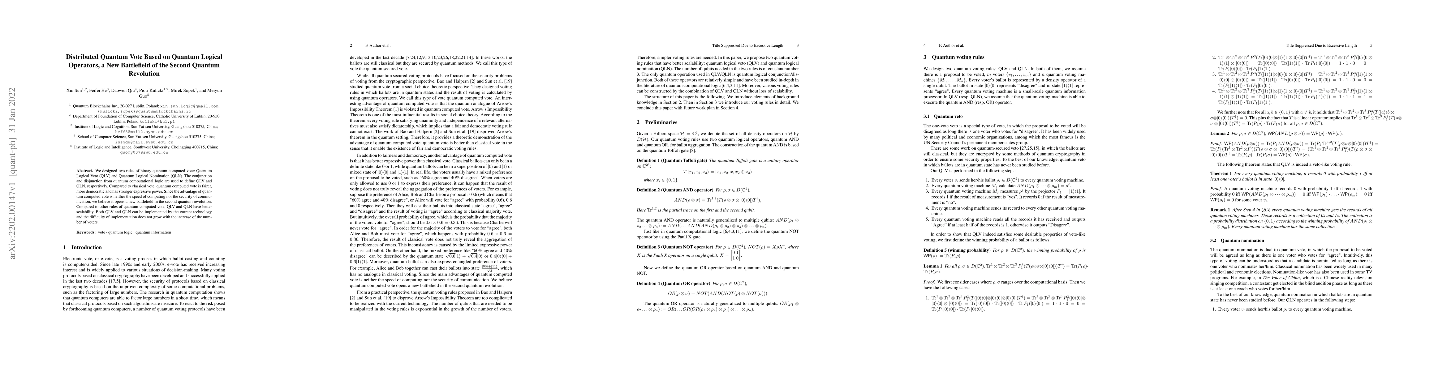 Thumbnail for Distributed Quantum Vote Based on Quantum Logical Operators, a New
  Battlefield of the Second Quantum Revolution