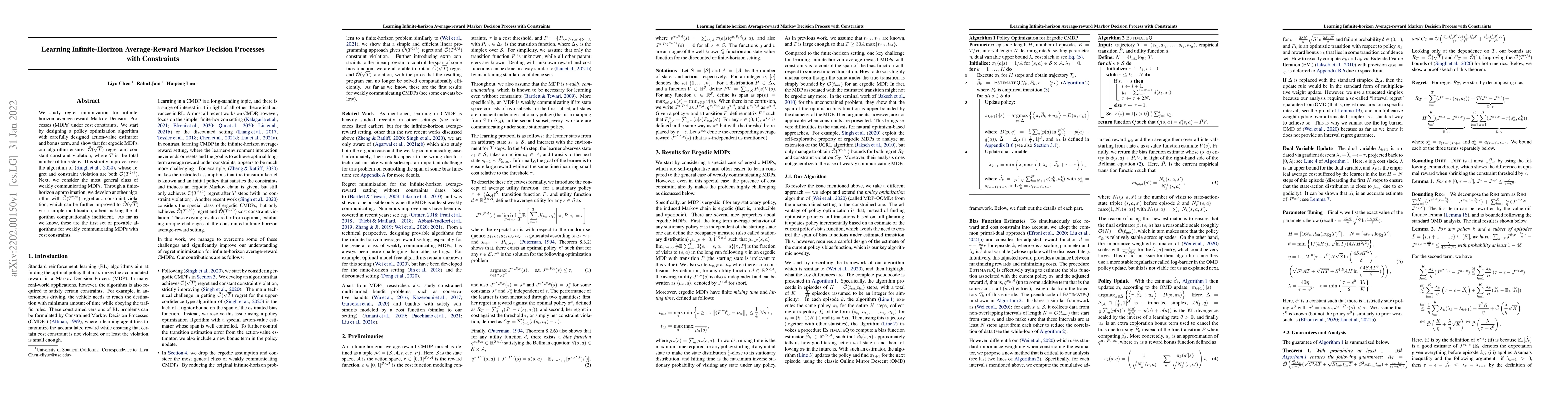 Thumbnail for Learning Infinite-Horizon Average-Reward Markov Decision Processes with
  Constraints