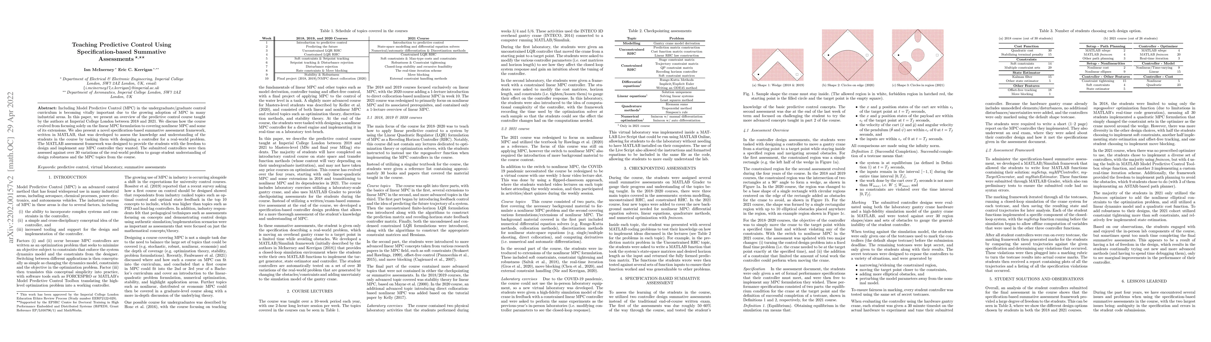 Thumbnail for Teaching Predictive Control Using Specification-based Summative
  Assessments