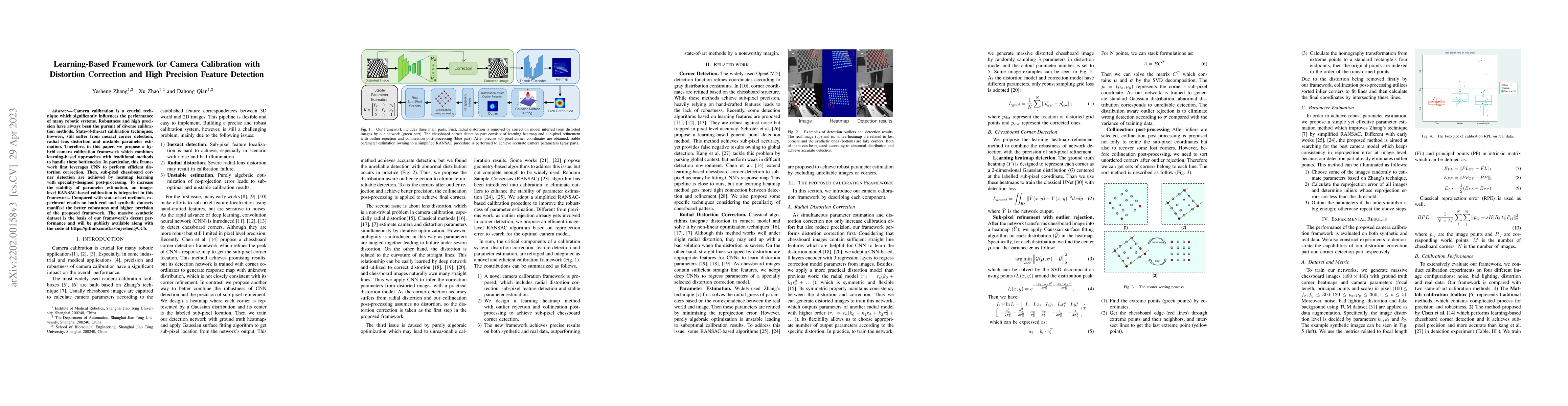 Thumbnail for Learning-Based Framework for Camera Calibration with Distortion
  Correction and High Precision Feature Detection