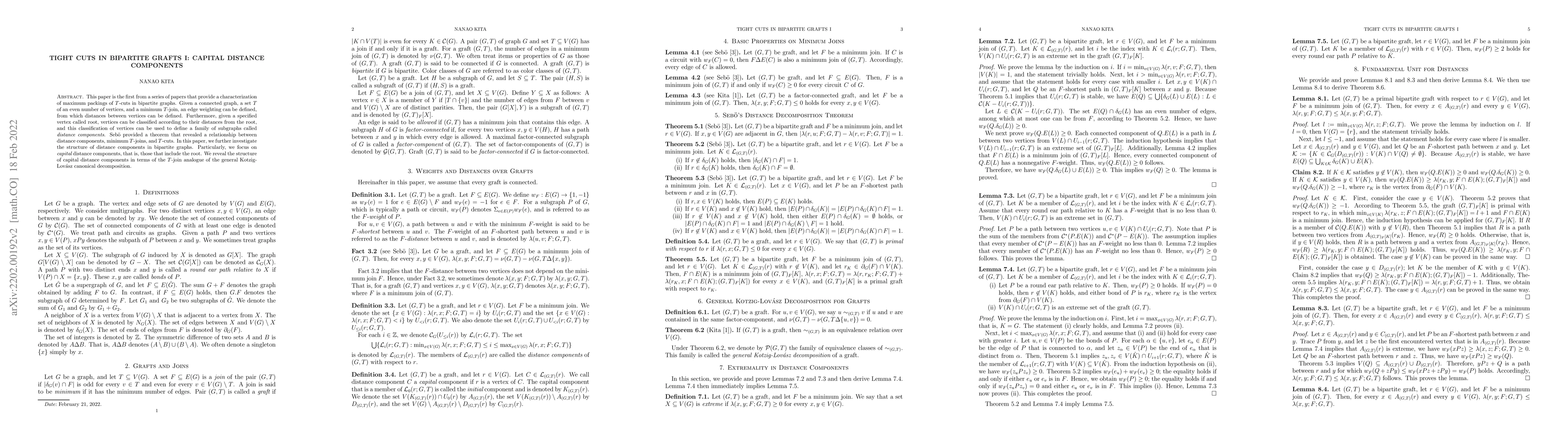 Thumbnail for Tight Cuts in Bipartite Grafts I: Capital Distance Components