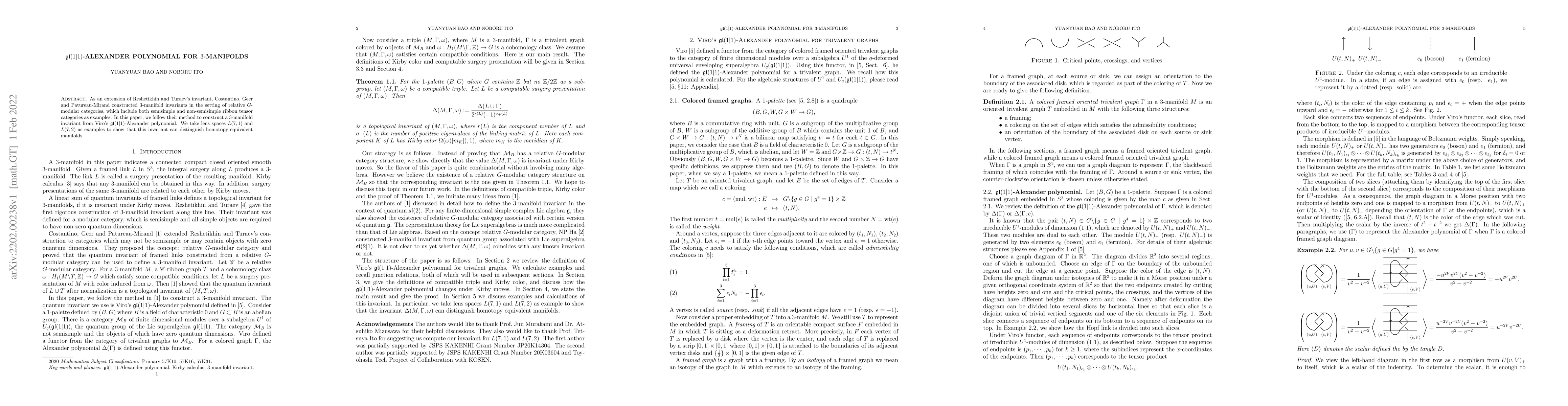 Thumbnail for $\mathfrak{gl}(1 \vert 1)$-Alexander polynomial for $3$-manifolds