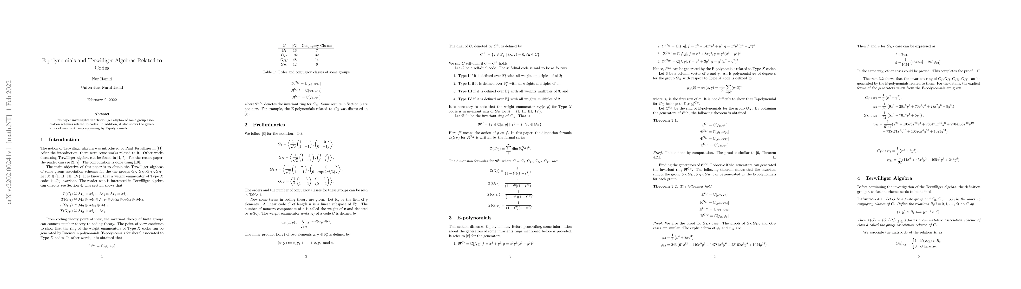 Thumbnail for E-Polynomials and Terwilliger algebra related to codes