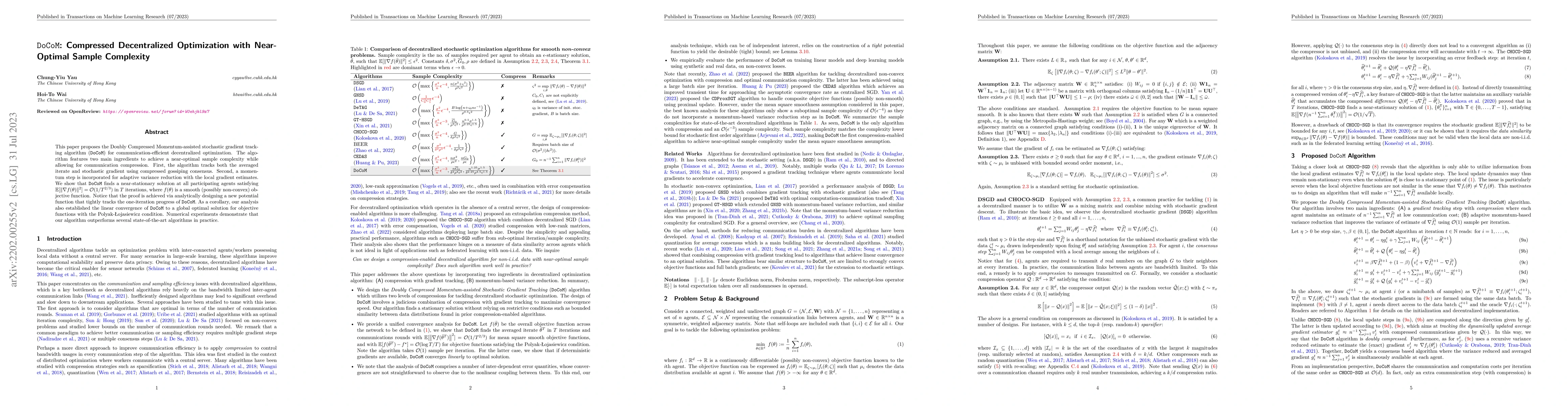 Thumbnail for DoCoM: Compressed Decentralized Optimization with Near-Optimal Sample
  Complexity