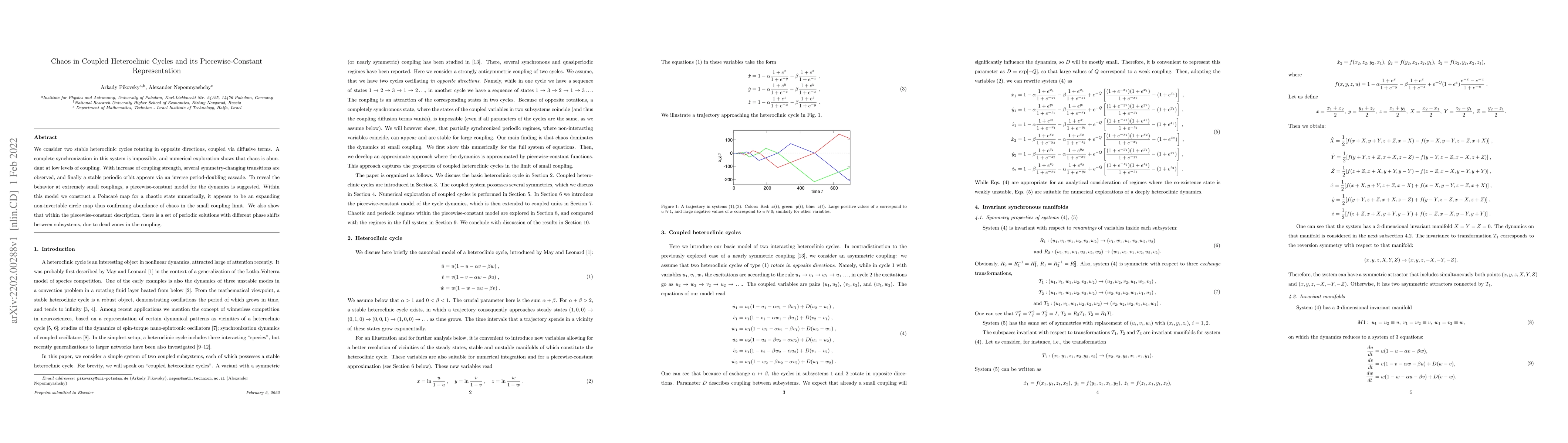 Thumbnail for Chaos in Coupled Heteroclinic Cycles and its Piecewise-Constant
  Representation