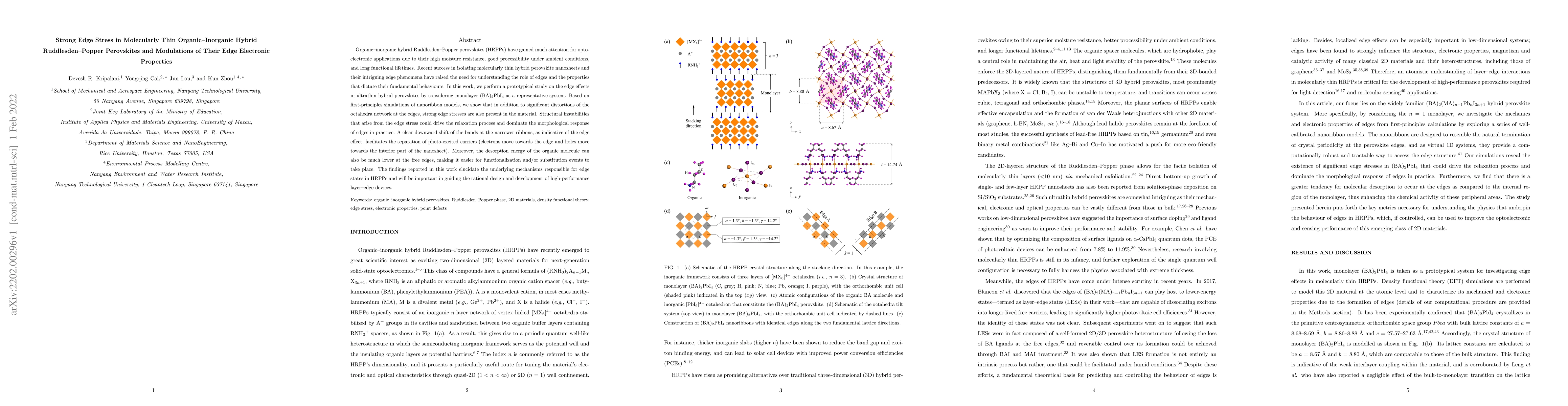 Thumbnail for Strong Edge Stress in Molecularly Thin Organic$-$Inorganic Hybrid
  Ruddlesden$-$Popper Perovskites and Modulations of Their Edge Electronic
  Properties