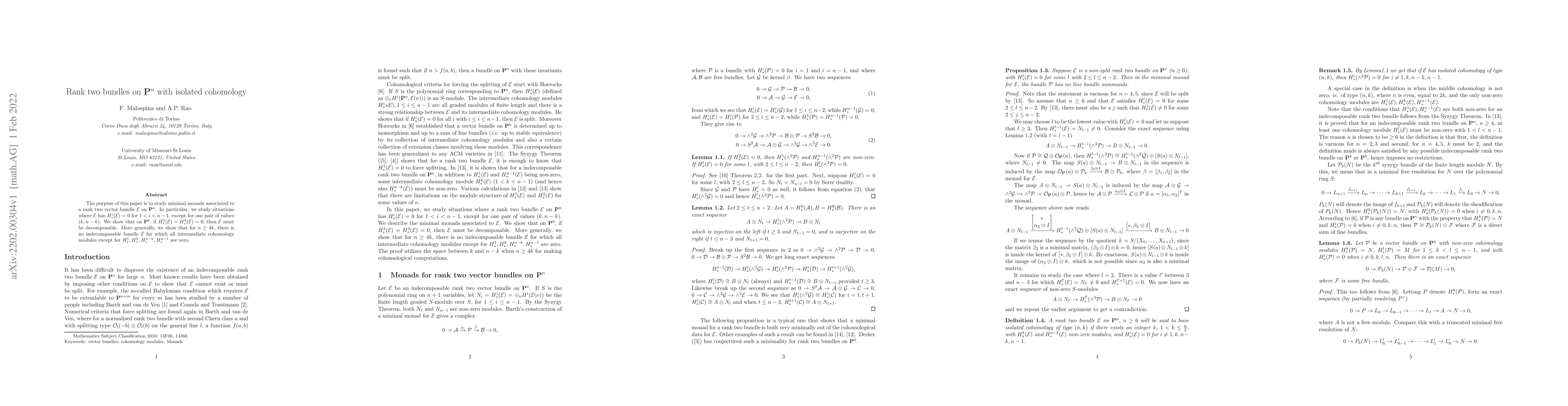 Thumbnail for Rank two bundles on P^n with isolated cohomology
