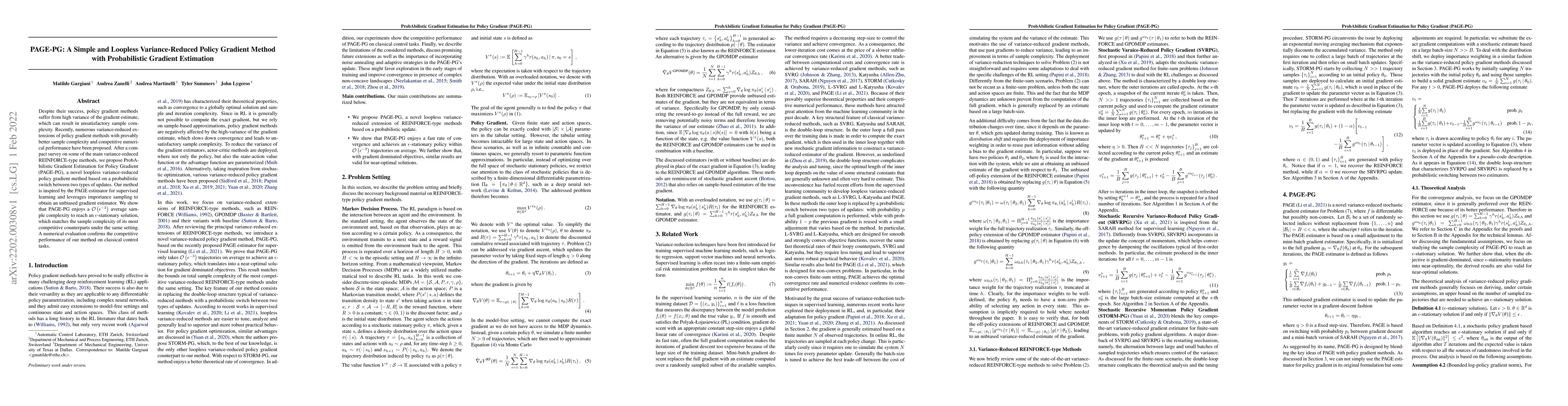 Thumbnail for PAGE-PG: A Simple and Loopless Variance-Reduced Policy Gradient Method
  with Probabilistic Gradient Estimation