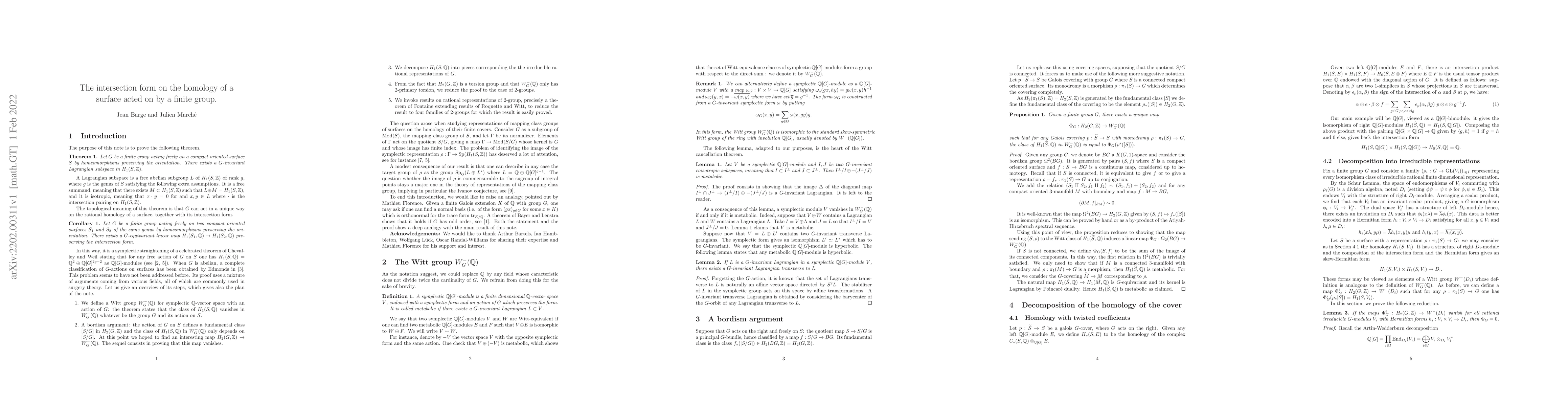 Thumbnail for The intersection form on the homology of a surface acted on by a finite
  group