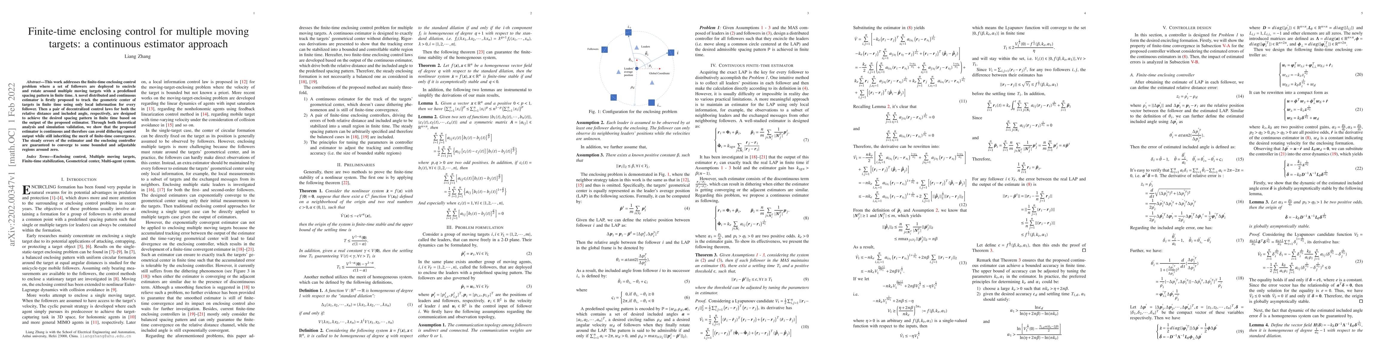 Thumbnail for Finite-time enclosing control for multiple moving targets: a continuous
  estimator approach