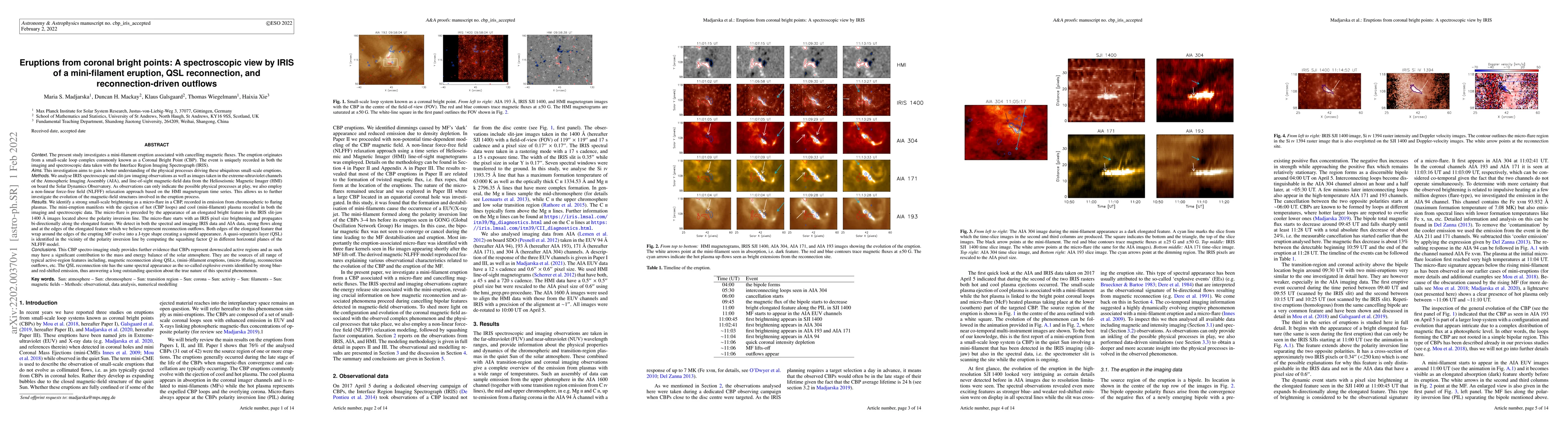 Thumbnail for Eruptions from coronal bright points: A spectroscopic view by IRIS of a
  mini-filament eruption, QSL reconnection, and reconnection-driven outflows