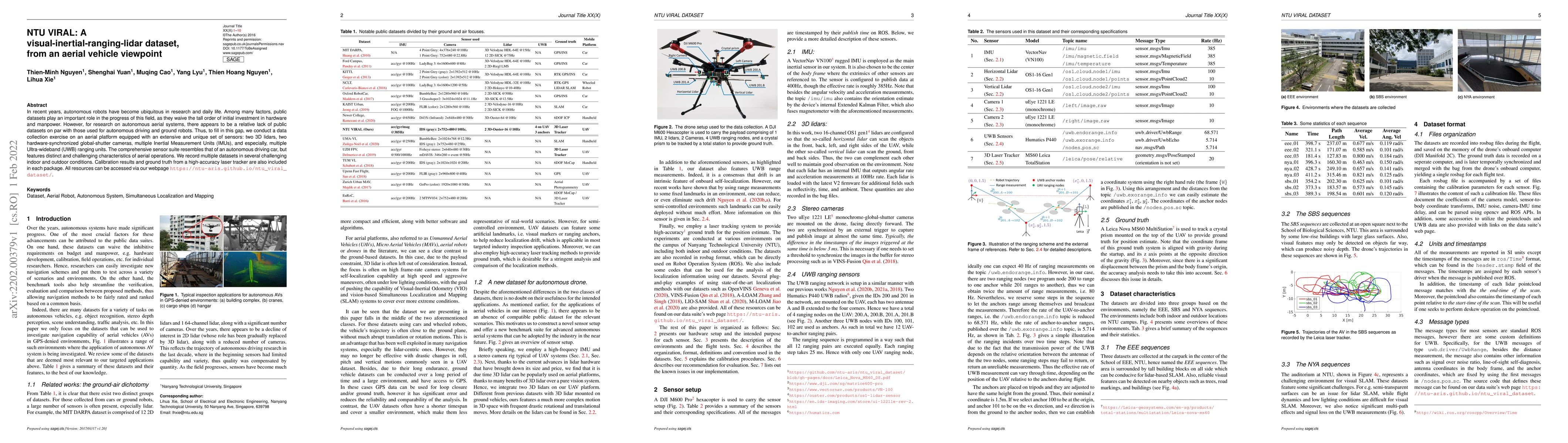 Thumbnail for NTU VIRAL: A Visual-Inertial-Ranging-Lidar Dataset, From an Aerial
  Vehicle Viewpoint
