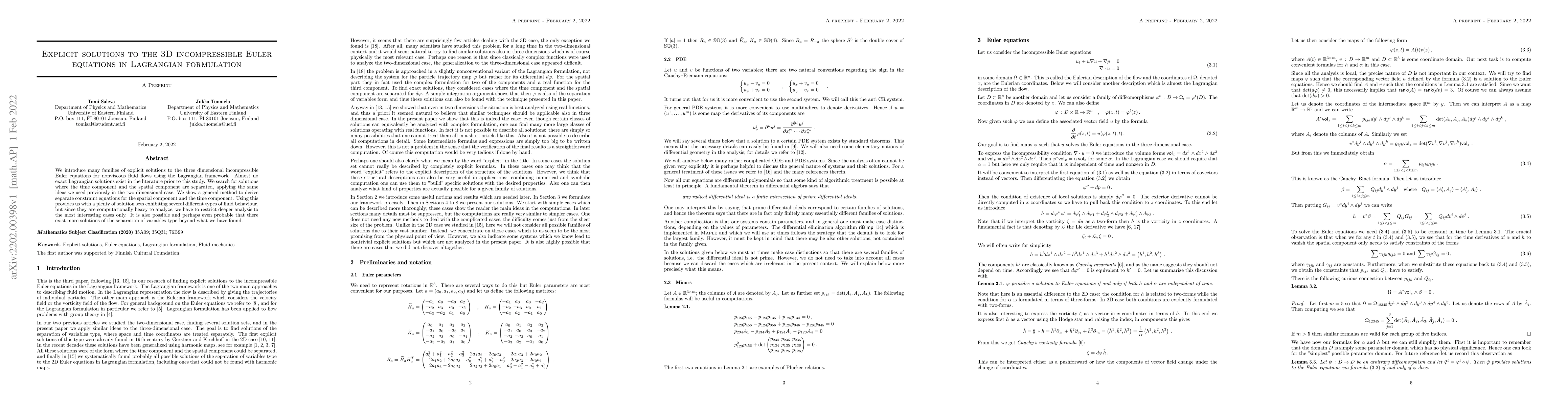 Thumbnail for Explicit solutions to the 3D incompressible Euler equations in
  Lagrangian formulation