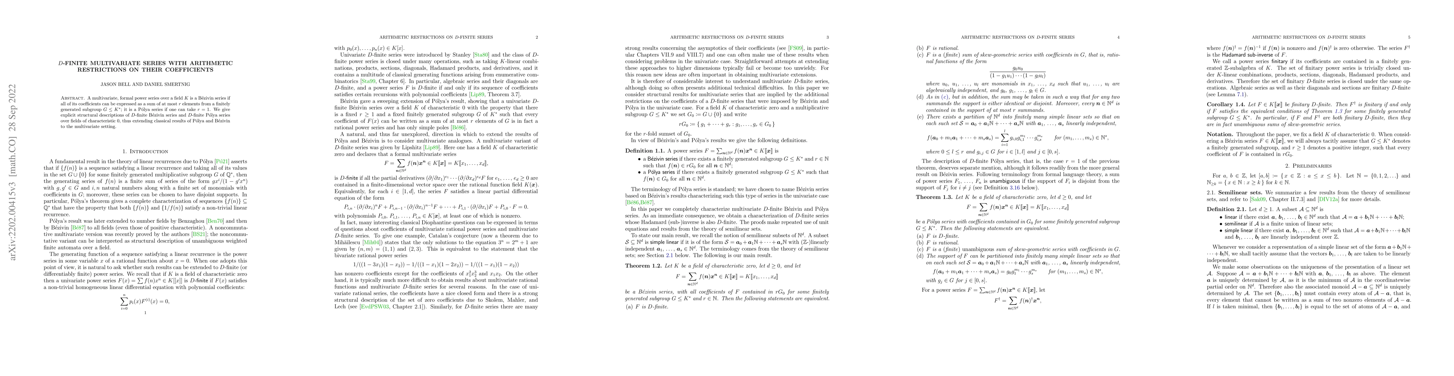 Thumbnail for $D$-finite multivariate series with arithmetic restrictions on their
  coefficients