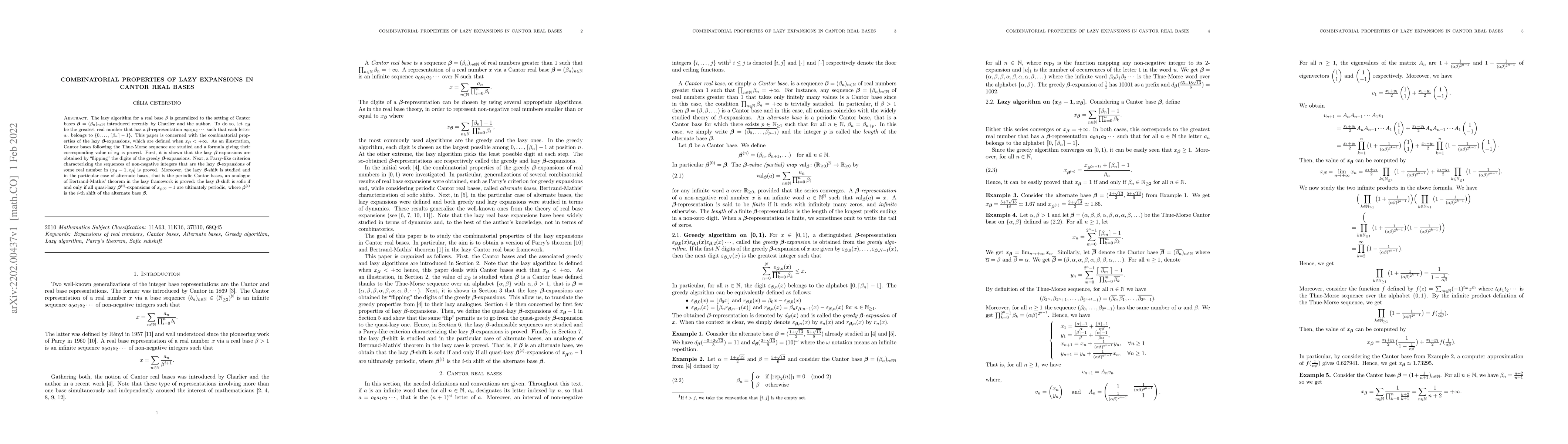 Thumbnail for Combinatorial properties of lazy expansions in Cantor real bases