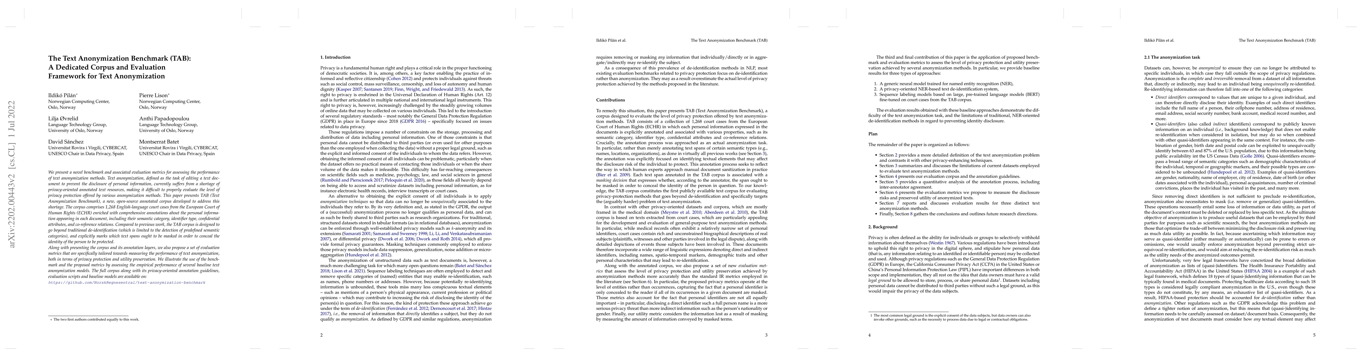 Thumbnail for The Text Anonymization Benchmark (TAB): A Dedicated Corpus and
  Evaluation Framework for Text Anonymization