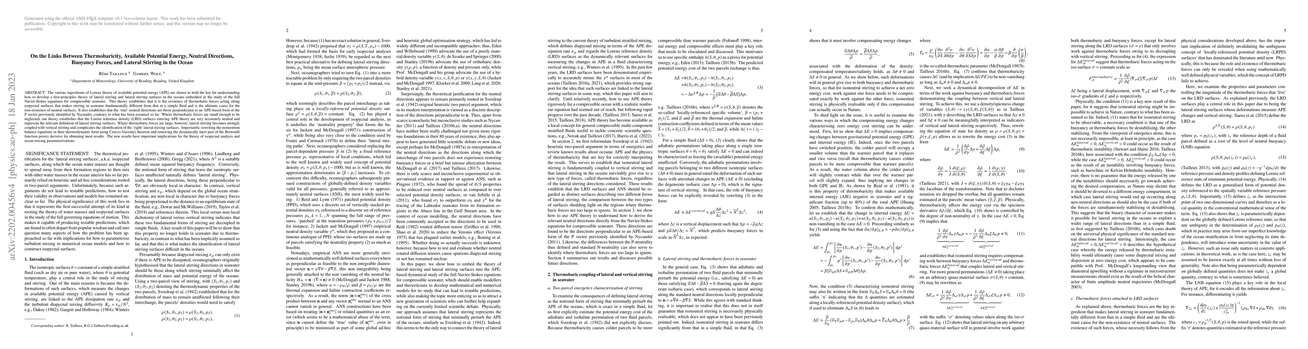 Thumbnail for On the Links Between Thermobaricity, Available Potential Energy, Neutral
  Directions, Buoyancy Forces, and Lateral Stirring in the Ocean