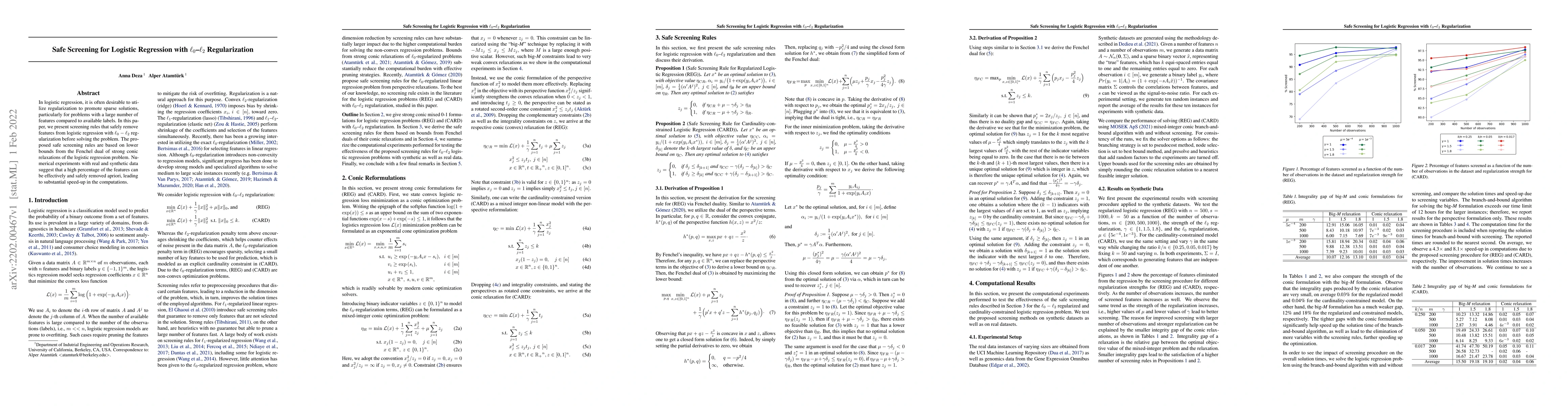 Thumbnail for Safe Screening for Logistic Regression with $\ell_0$-$\ell_2$
  Regularization