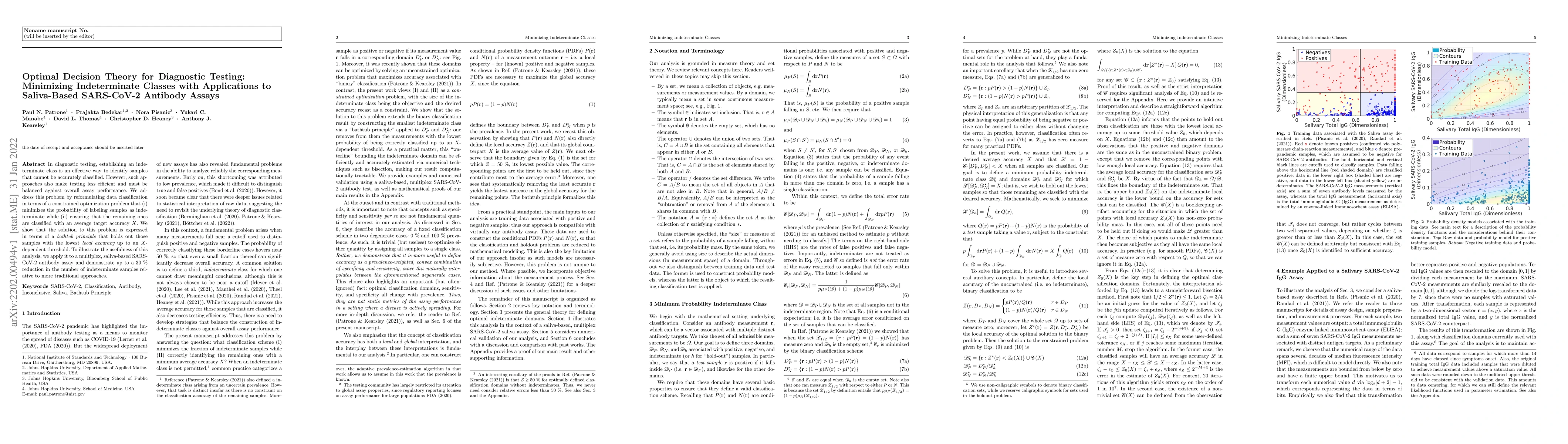 Thumbnail for Optimal Decision Theory for Diagnostic Testing: Minimizing Indeterminate
  Classes with Applications to Saliva-Based SARS-CoV-2 Antibody Assays