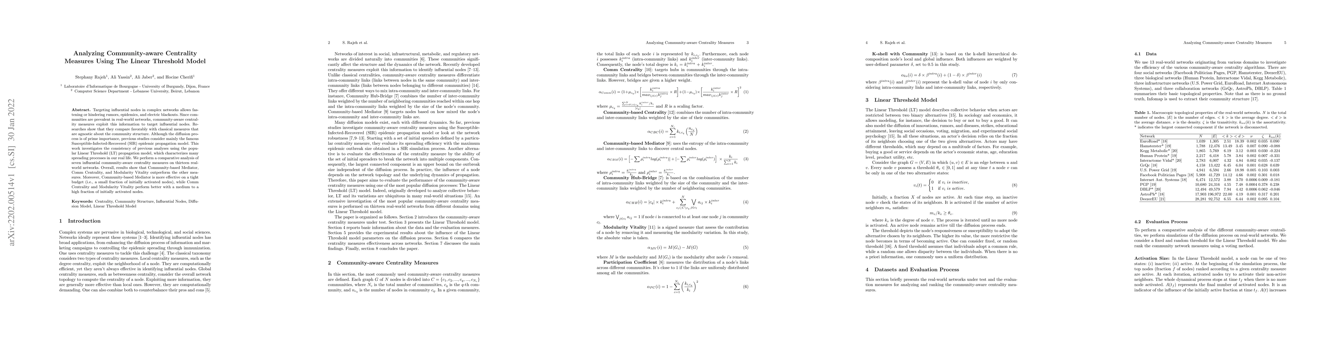 Thumbnail for Analyzing Community-aware Centrality Measures Using The Linear Threshold
  Model