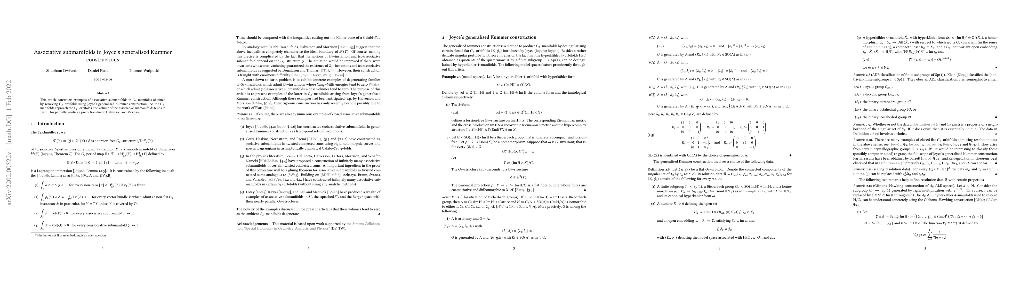 Thumbnail for Associative submanifolds in Joyce's generalised Kummer constructions