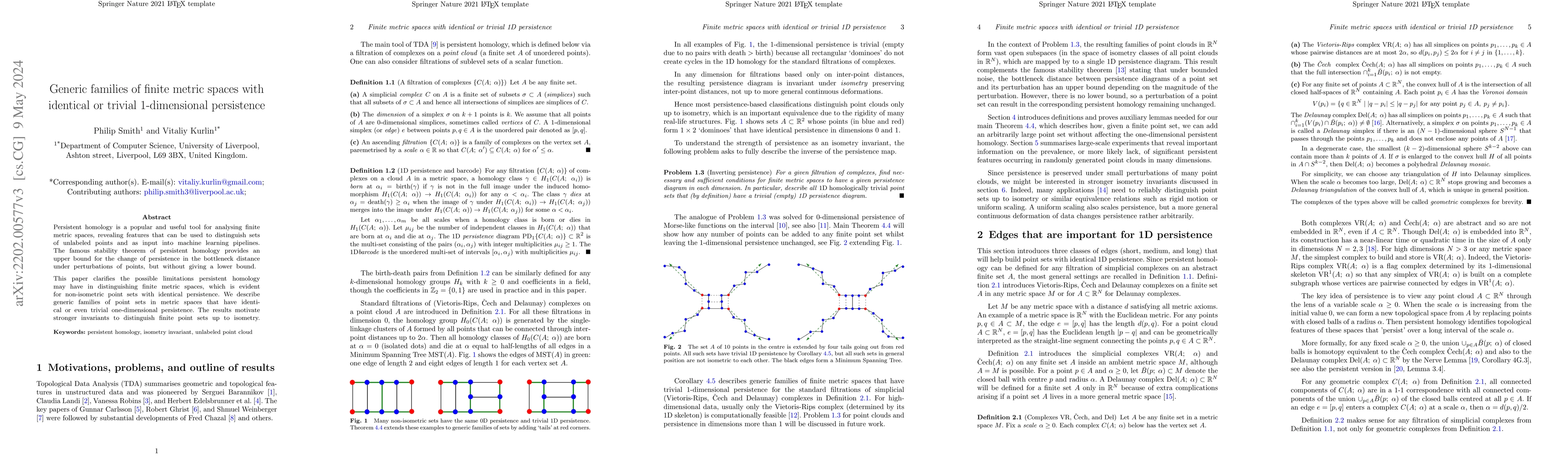 Thumbnail for Generic families of finite metric spaces with identical or trivial
  1-dimensional persistence