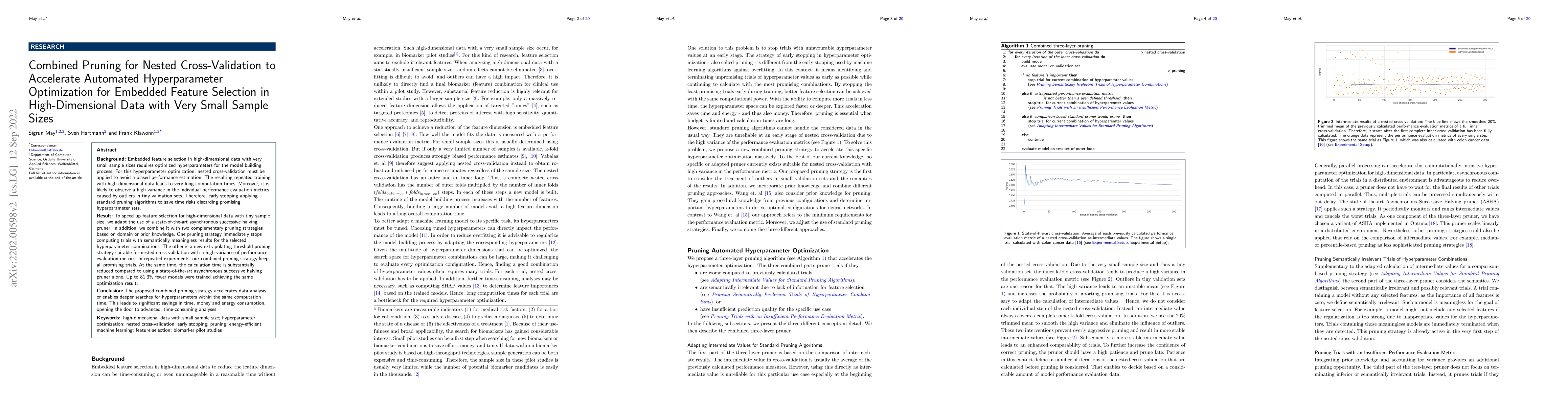 Thumbnail for Combined Pruning for Nested Cross-Validation to Accelerate Automated
  Hyperparameter Optimization for Embedded Feature Selection in
  High-Dimensional Data with Very Small Sample Sizes