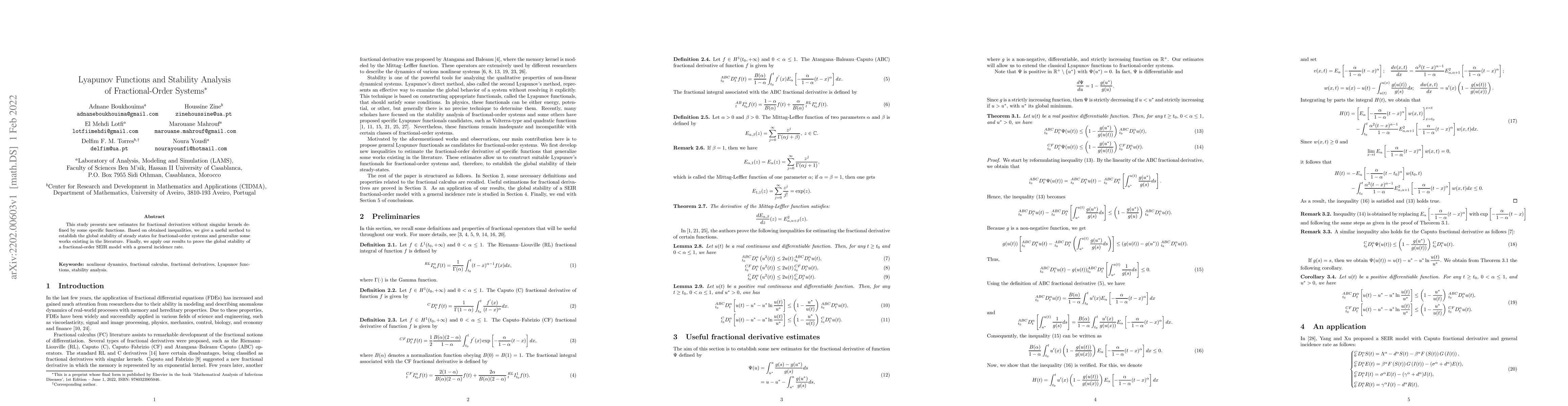 Thumbnail for Lyapunov Functions and Stability Analysis of Fractional-Order Systems