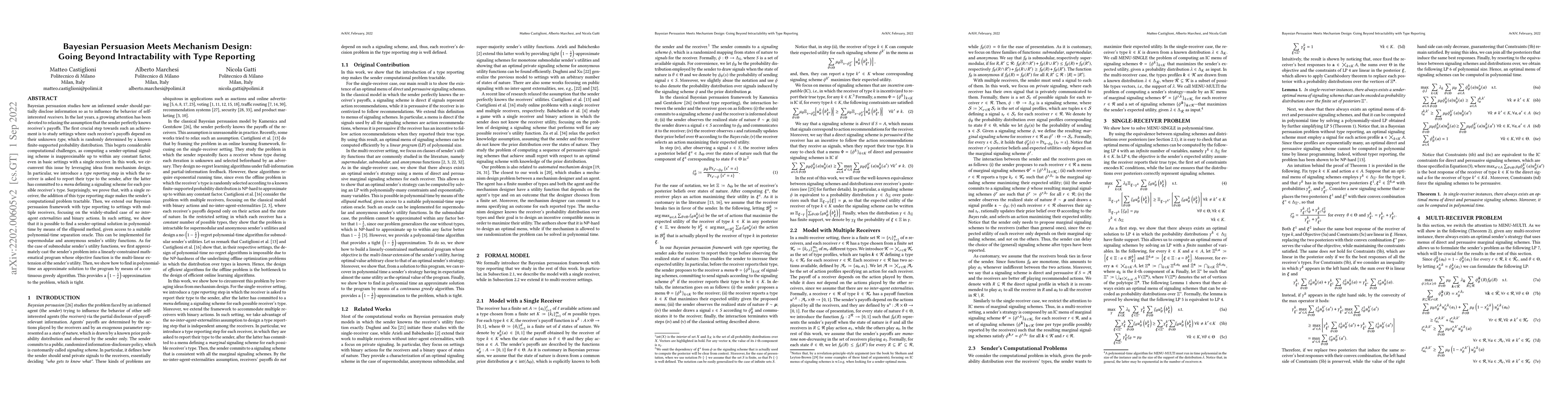 Thumbnail for Bayesian Persuasion Meets Mechanism Design: Going Beyond Intractability
  with Type Reporting