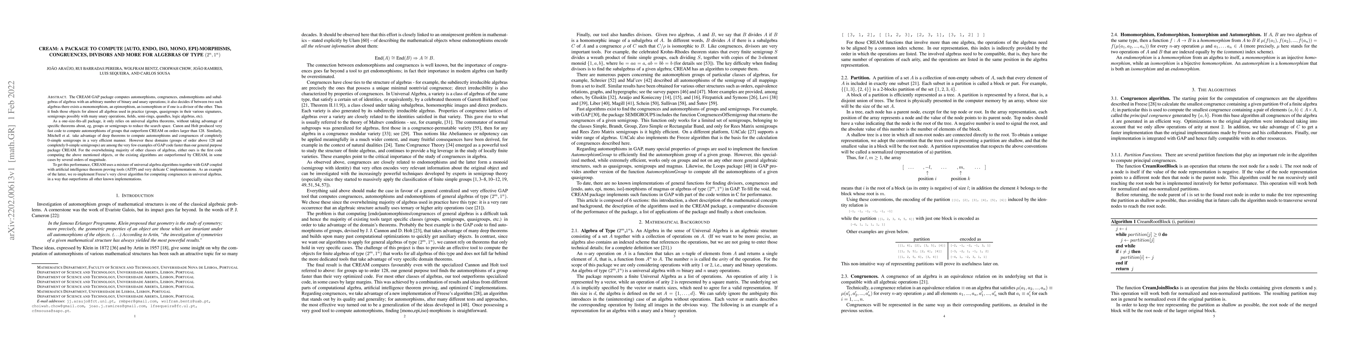 Thumbnail for CREAM: a Package to Compute [Auto, Endo, Iso, Mono, Epi]-morphisms,
  Congruences, Divisors and More for Algebras of Type $(2^n,1^n)$